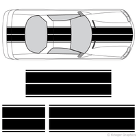 Front and rear view of dual rally stripes on a Chevy Camaro