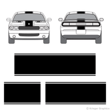 Front and rear view of center stripes on a Dodge Challenger