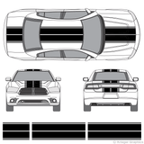 Front and rear view of dual rally stripes on a new Dodge Charger