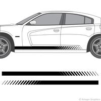 Driver’s side view of faded rocker stripes on a new Dodge Charger