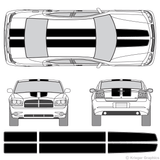 Front and rear view of EZ rally stripes on a Dodge Charger