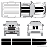 Front and rear view of EZ rally stripes on a Chevy Colorado