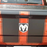 Photo of EZ Rally Racing Stripes applied to the back of a truck.