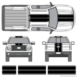Front and rear view of dual rally stripes on a Ford F-150