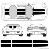 Front and rear view of EZ rally stripes on a Pontiac Firebird