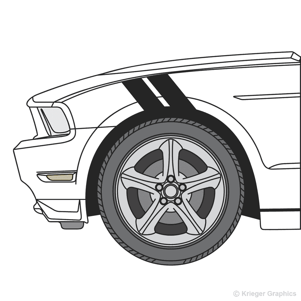 Driver’s side view of hash mark stripes on a Ford Mustang