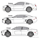 Illustration of a Hash Mark Stripe kit applied to several cars. 