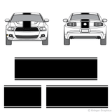 Front and rear view of center stripes on a new Ford Mustang