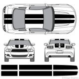 Front and rear view of EZ rally stripes on a new Ford Mustang