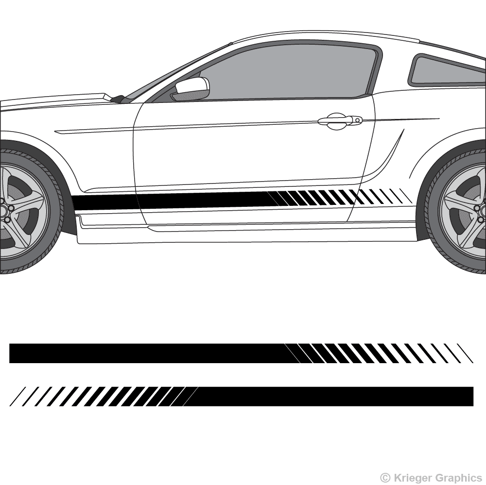 Driver’s side view of faded rocker stripes on a New Ford Mustang