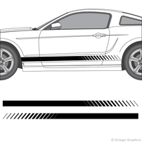 Driver’s side view of faded rocker stripes on a New Ford Mustang