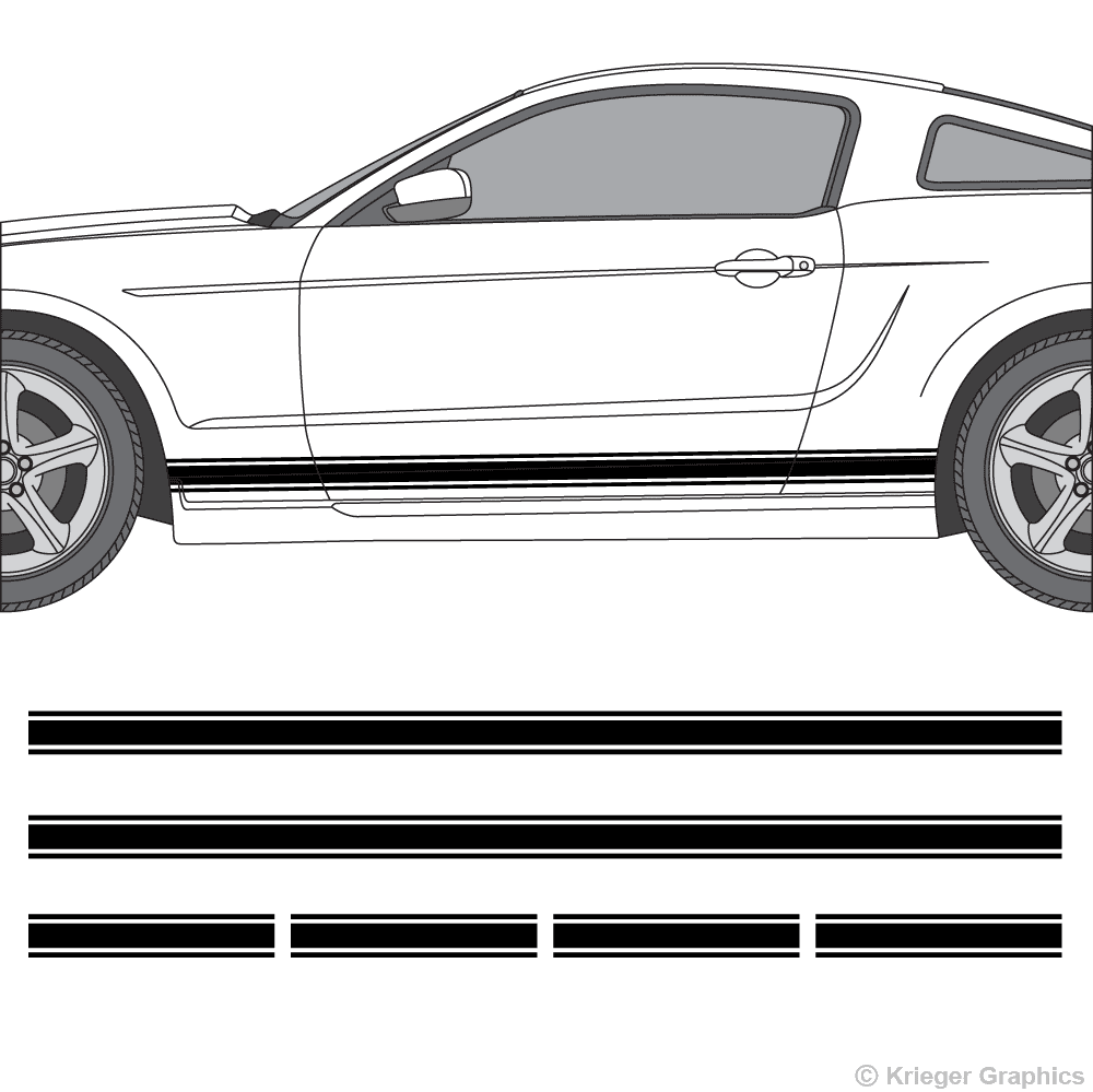 Driver’s side view of rocker stripes on a new Ford Mustang