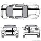 Front and rear view of offset stripes on a new Ford Mustang