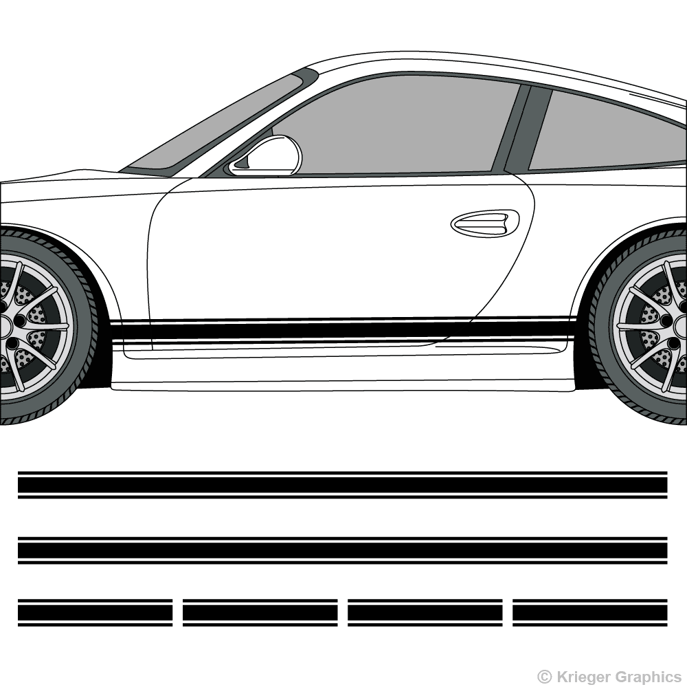 Driver’s side view of rocker stripes on a Porsche 911