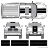 Front and rear view of 10"stripes on a Dodge Ram 