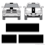Front and rear view of center stripes on a Dodge Ram