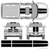 Front and rear view of EZ Rally stripes on a Dodge Ram