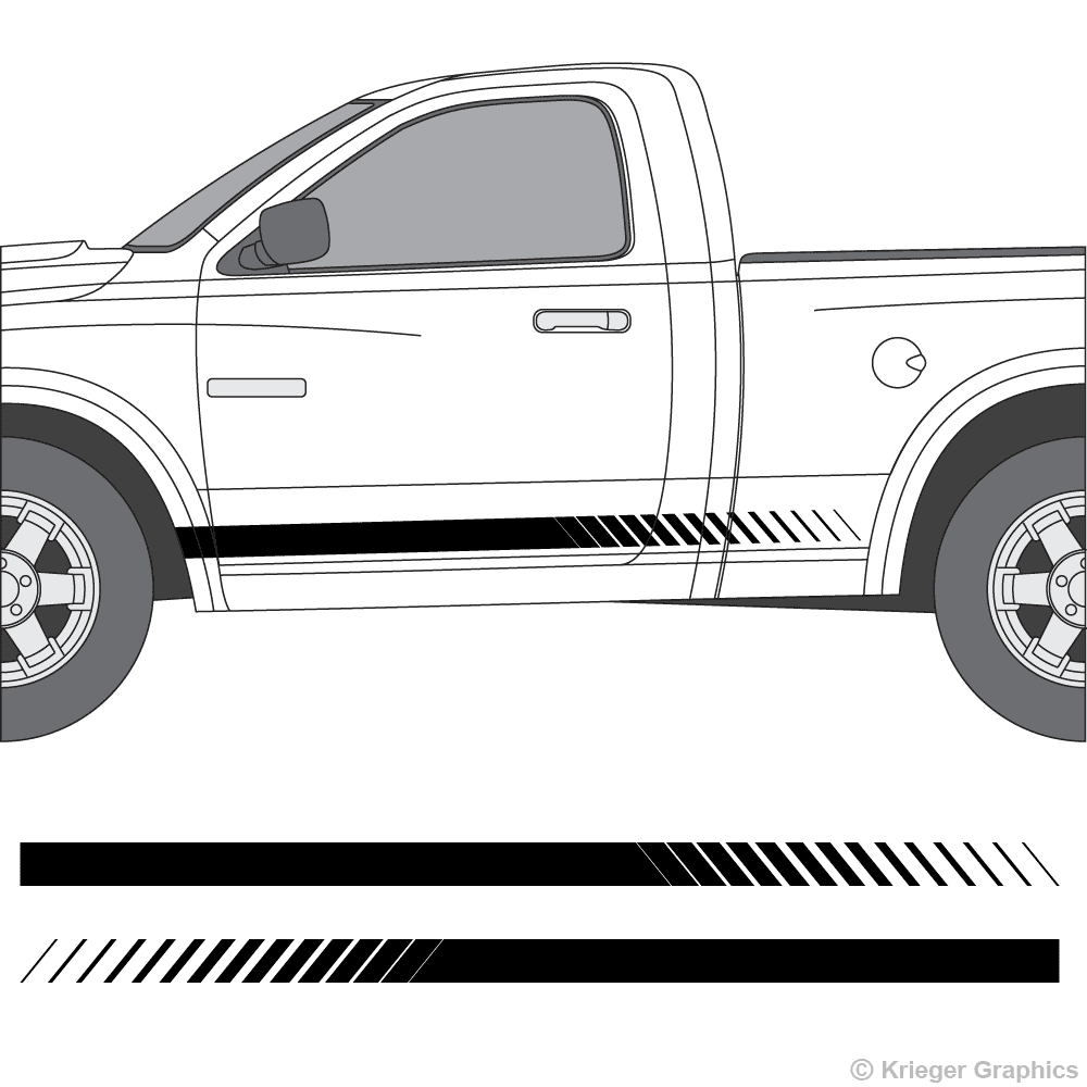 Driver’s side view of faded rocker stripes on a Dodge Ram