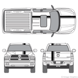 Front and rear view of offset stripes on a Dodge Ram