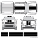 Front and rear view of dual rally stripes on a Chevy Silverado