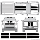 Front and rear view of EZ rally stripes on a Chevy Silverado 